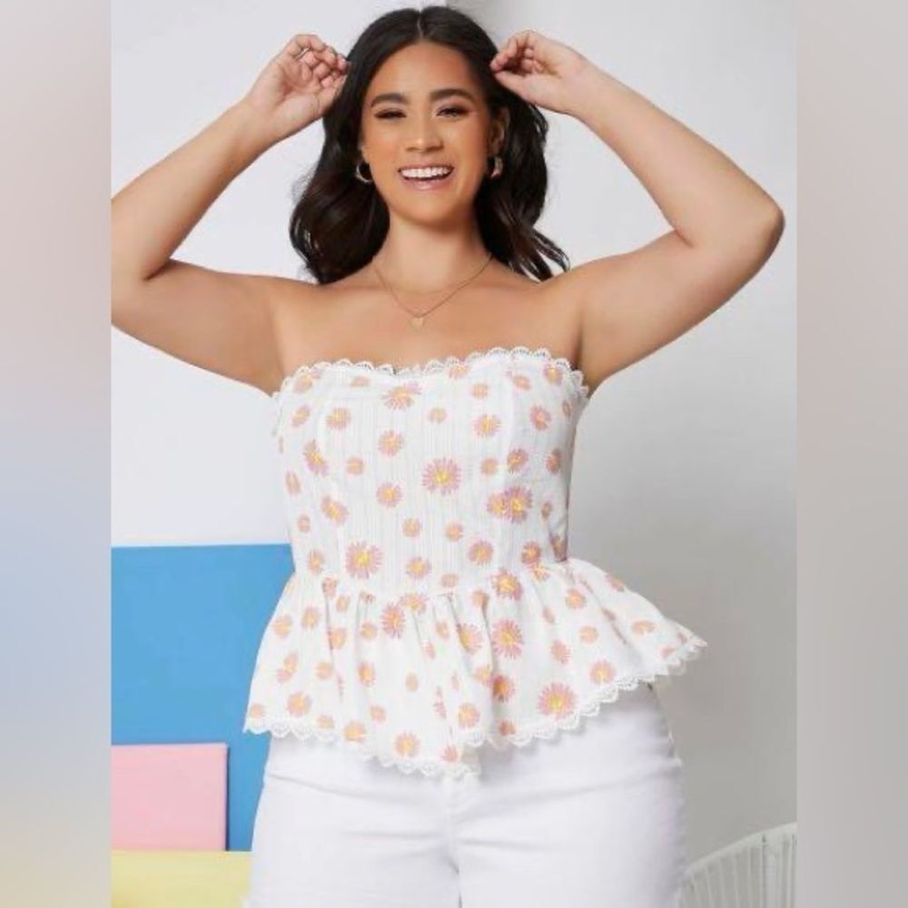 SHEIN White Floral Peplum Babydoll Top Size 1X NWOT 10 366